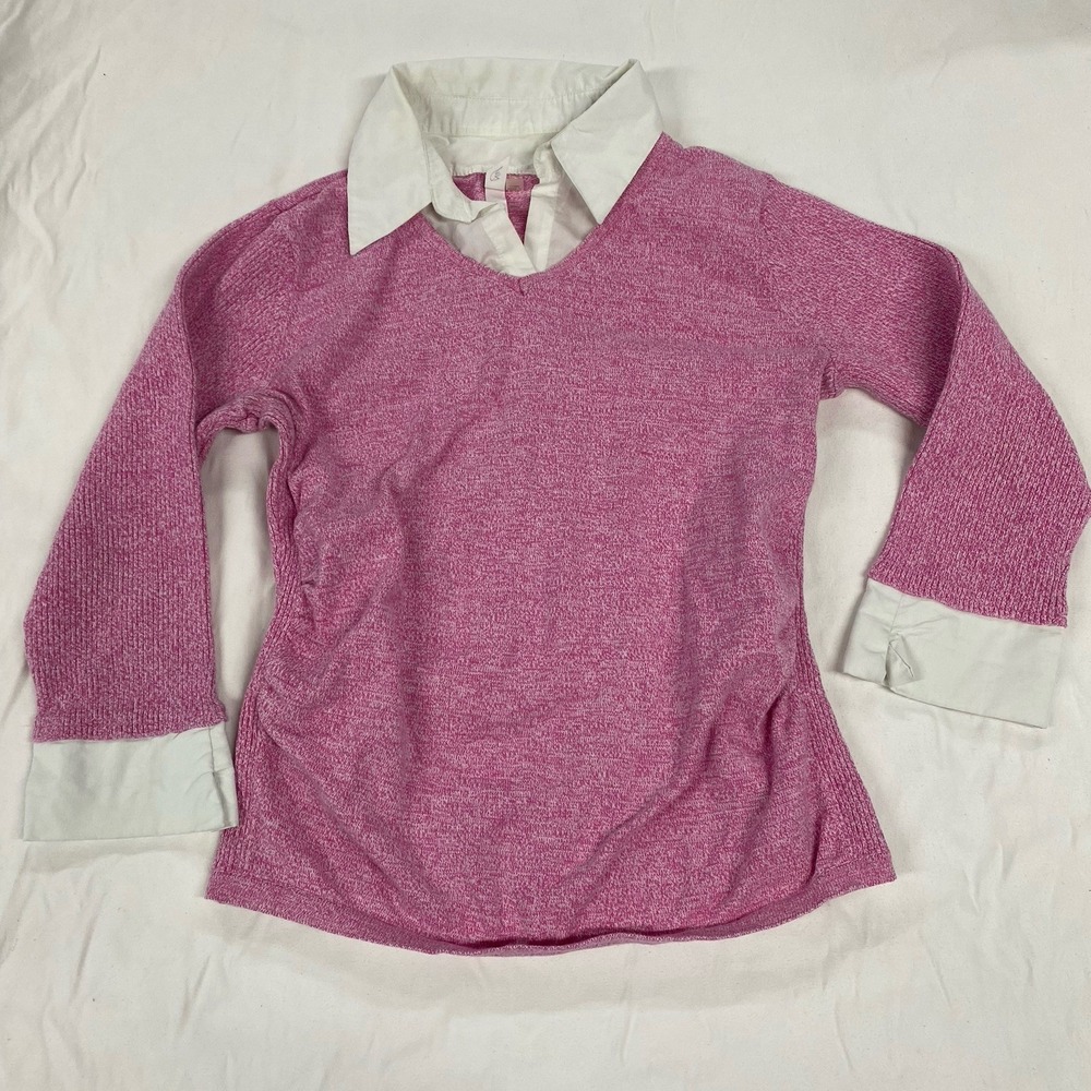 NY Collection Pink Knit Sweater Side Cinched White Collar Cuffs Women's Size M